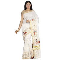 JISB Womens Kasavu Cotton Blend Saree With Running Unstitched Blouse (SAKSA01299_White)