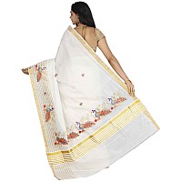 JISB Womens Kasavu Cotton Blend Saree With Running Unstitched Blouse (SAKSA01299_White)