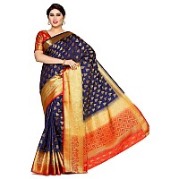 MIMOSA Womens Art Silk Saree Kanjivaram Style Color: Navy Blue