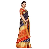 MIMOSA Womens Art Silk Saree Kanjivaram Style Color: Navy Blue