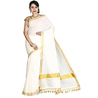 JISB Women Kerala Kasavu plain saree with fringesCream color