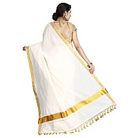 JISB Women Kerala Kasavu plain saree with fringesCream color