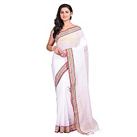 T.J. SAREES Womens Pure Cotton Handloom Bengal Tant Saree Without Blouse Piece - (White, Pack of 1)