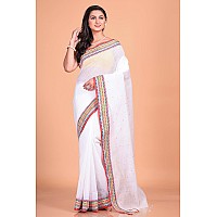 T.J. SAREES Womens Pure Cotton Handloom Bengal Tant Saree Without Blouse Piece - (White, Pack of 1)