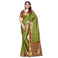 MIMOSA Womens Kanchipuram Silk Saree With Blouse (4164-260-2D-OLV-CHOC_Olive Green)