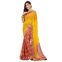 SOURBH Womens Faux Georgette Bandhani Prints Half and Half Style Saree with Blouse Piece (7246-Light Orange, Red)