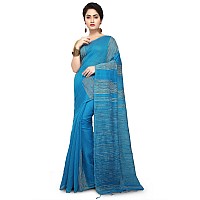 BENGAL HANDLOOM Womens Cotton Silk Sky Color Saree With Attached Blouse Piece