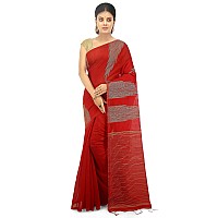 BENGAL HANDLOOM Womens Silk Temple Border Red Cotton Saree With Blouse Piece