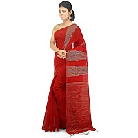 BENGAL HANDLOOM Womens Silk Temple Border Red Cotton Saree With Blouse Piece