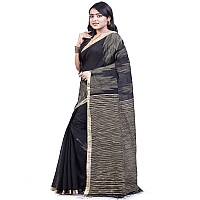 BENGAL HANDLOOM Womens Silk Black Cotton Saree With Blouse Piece