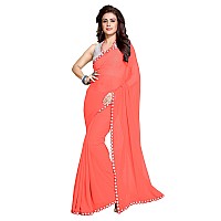 SOURBH Womens Plain Weave Georgette Mirror Lace Work Saree with Blouse Piece (8436-Peach Orange)