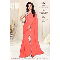 SOURBH Womens Plain Weave Georgette Mirror Lace Work Saree with Blouse Piece (8436-Peach Orange)