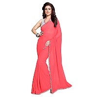 SOURBH Womens Georgette Mirror Lace Work Saree with Blouse Piece (8434-Coral)