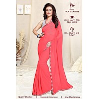 SOURBH Womens Georgette Mirror Lace Work Saree with Blouse Piece (8434-Coral)