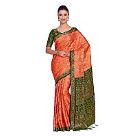 MIMOSA Women Art Silk Wedding Saree Kanjivarm Pattu Style With Contrast Blouse Color: Orange (4282-65-2D-Pch-Bgrn)