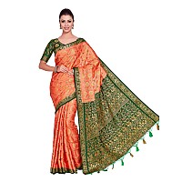 MIMOSA Women Art Silk Wedding Saree Kanjivarm Pattu Style With Contrast Blouse Color: Orange (4282-65-2D-Pch-Bgrn)