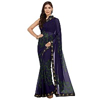 SOURBH Womens Faux Georgette Printed Zari Border Saree with Blouse Fabric (8732-Navy Blue)