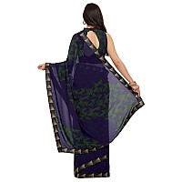 SOURBH Womens Faux Georgette Printed Zari Border Saree with Blouse Fabric (8732-Navy Blue)