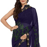 SOURBH Womens Faux Georgette Printed Zari Border Saree with Blouse Fabric (8732-Navy Blue)