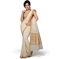 JISB Womens Kasavu Cotton Saree with Blouse Piece Cream