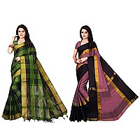 DHRUVI TRENDZ Women Cotton Saree(DT-S1102& S1274_Green & Red_Free Size)