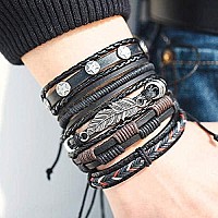 Yellow Chimes Bracelets for Men and Boys | Fashion Black Leather Bracelet Set for Men | Multi Layed Type Leather Bracelets for Men | Accessories Jewellery for Men Combo | Birthday