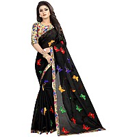 Online Bazaar Womens Chanderi Saree With Blouse Piece BUTTERFLYBlack