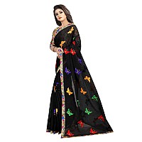 Online Bazaar Womens Chanderi Saree With Blouse Piece BUTTERFLYBlack