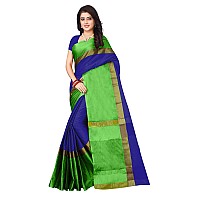 DHRUVI TRENDZ Womens Banarasi Cotton & Silk Saree With Unstitched Blouse Piece (Dupli-S1296_Green_One Size_Blue & Green)