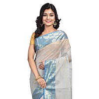 Raj Sarees Womens Woven Cotton Saree without Blouse Piece Blue and Silver