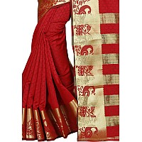 Indian Fashionista Stylish Kanjeevaram Silk Casual Wear Saree With Unstitched Blouse For Women (Red)