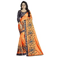 Shreeji Designer Womens Paper Silk Ari Embroidery Work Saree With Jacquard Blouse Piece SD-2235 (Orange-Blue)