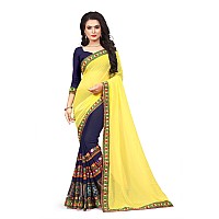 SERONA FABRICS Womens Georgette Saree With Blouse Piece (Serona31_SME_Yellow & Navy Blue)