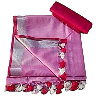 STB-SILK TEXTILES BHAGALPUR Womens Linen Slub Saree With Contrast Blouse