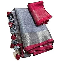 HAIDER ALI AND SONS Pure Bhagalpuri Linen Plain Saree for Women With Unstitched Blouse Piece | Traditional Ethnic wear Summer Saree (Brown-Grey)