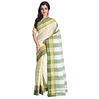 Raj Sarees Womens Traditional Pure Cotton Bengali Handloom Tant Saree without Blouse Piece OffWhite Pista