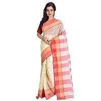 Raj Sarees Womens Traditional Pure Cotton Bengali Handloom Tant Saree Without Blouse PieceOffWhite Red OffWhite Red