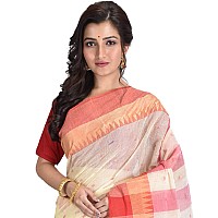 Raj Sarees Womens Traditional Pure Cotton Bengali Handloom Tant Saree Without Blouse PieceOffWhite Red OffWhite Red