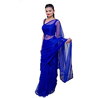 Wardrobe Luxury Womens Plain Weave Net Saree with Blouse Piece WL001 Navy Blue