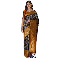 AKHILAM Womens Banarasi Silk Woven Border Saree with Unstitched Blouse Piece(Navy Blue_JMN32001)