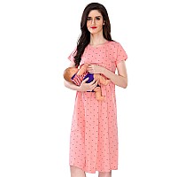 Av2 Womens Cotton Printed Knee Length Maternity Feeding Nighty Peach Large