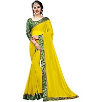 Online Bazaar Womens Georgette Jacquard Plain Saree with Border (2278, Yellow, Green)