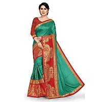 SOURBH Womens Silk Blend Peacock Zari Woven Lace Work Saree with Blouse Piece (11831-Turquoise, Red)