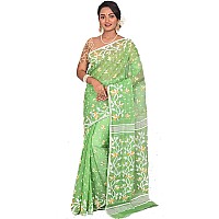 T.J. SAREES Womens Handloom Cotton Muslin Dhakai Jamdani Sarees Without Blouse Pcs (Green Pack of 1)