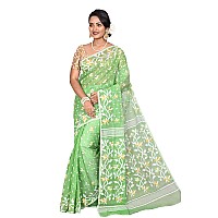 T.J. SAREES Womens Handloom Cotton Muslin Dhakai Jamdani Sarees Without Blouse Pcs (Green Pack of 1)