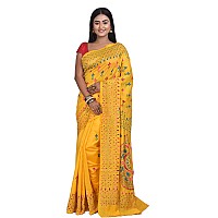 T.J. SAREES Womens Pure Kantha Stitch hand embroidery assam Silk Saree of Bengal With Blouse Piece - (Yellow, Pack of 1)