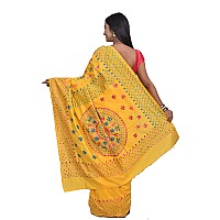 T.J. SAREES Womens Pure Kantha Stitch hand embroidery assam Silk Saree of Bengal With Blouse Piece - (Yellow, Pack of 1)