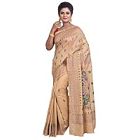 T.J. SAREES Womens Pure Kantha Stitch hand embroidery assam Silk Saree of Bengal With Blouse Pcs - Beige (Pack of 1)