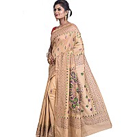 T.J. SAREES Womens Pure Kantha Stitch hand embroidery assam Silk Saree of Bengal With Blouse Pcs - Beige (Pack of 1)