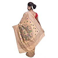 T.J. SAREES Womens Pure Kantha Stitch hand embroidery assam Silk Saree of Bengal With Blouse Pcs - Beige (Pack of 1)